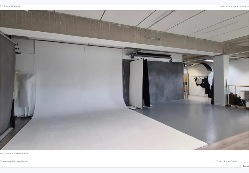 Mietstudio-Seite von LUUX mit Rundgang durch den Studioraum